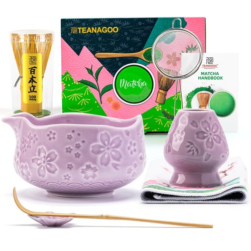TEANAGOO 7-PCS Purple Matcha Whisk Set with Cherry Blossom Design, Complete Ceremony Kit, Ceramic Chawan Bowl with Spout, Whisk & Accessories, Traditional Matcha Tea Set for Lattes& Gift Giving