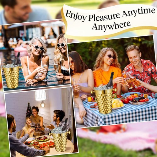 2 Pcs Gold Metal Champagne Ice Bucket 4.7 L Stainless Steel Doublewall Wine Ice Bucket for Bar, Party, Wedding, Banquet, Outdoor, BBQ(Hammer Texture)