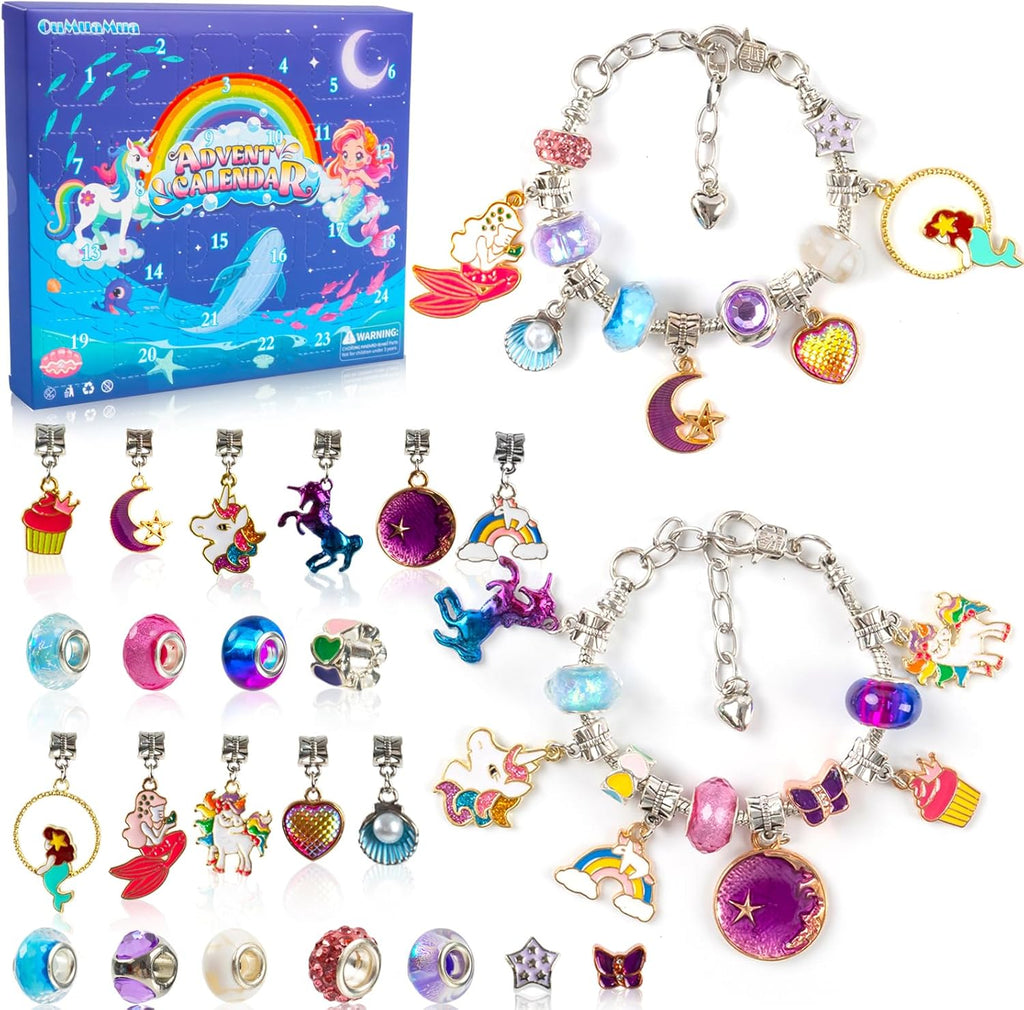 OuMuaMua Advent Calendar Charm Bracelets 2025 - 24 Days Christmas Countdown with DIY Mermaid & Unicorn Jewelry Kit for Girls & Women