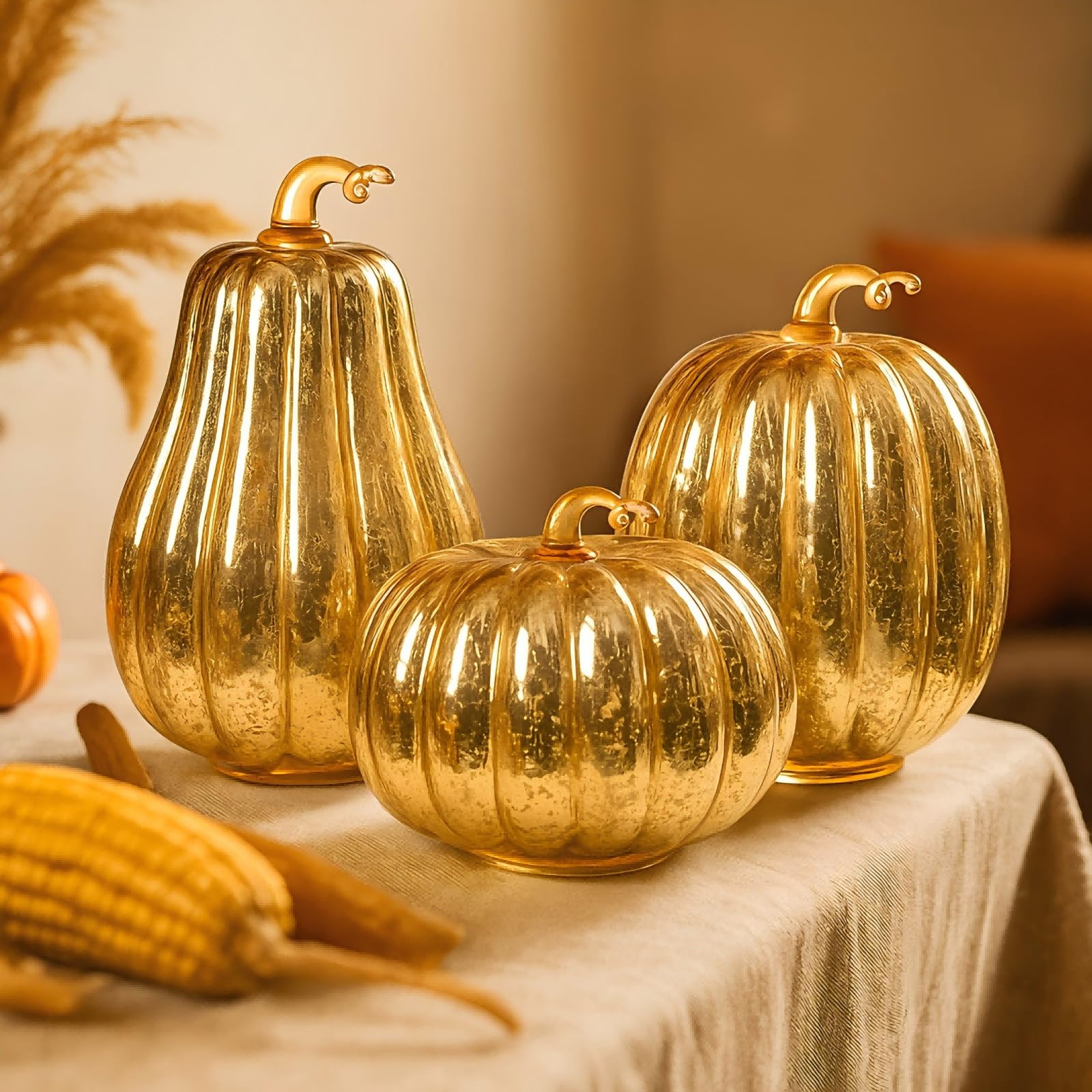 Glass Pumpkin Lights with Warm Yellow LED String, Set of 2 – 13.4” & 11.8” Tall Amber Glass Pumpkins for Fall, Halloween, Thanksgiving Table Centerpiece, Indoor Autumn Home Decor