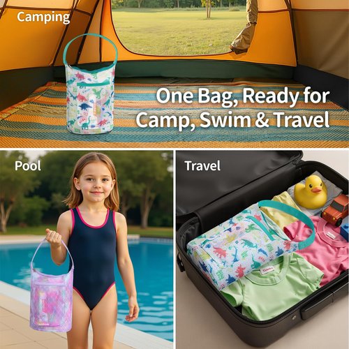 BrainyBees Kids Mesh Shower Caddy - Small Portable Toiletry Tote Bag for Camp Dorm Gym, Quick Dry Hanging Organizer with Zipper Pocket, Black Dinosaur