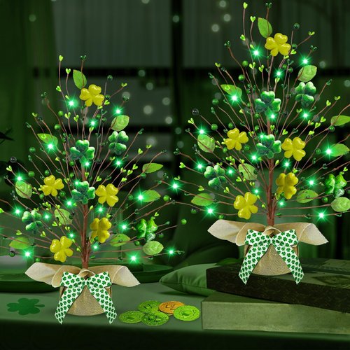 2 Pack 21 Inch St. Patrick's Day Decorations Lighted St. Patricks Day Trees Tabletop Battery Operated Shamrocks Shaped Berries Artificial Tree Irish Decorations Home Table Bedroom Indoor Party Decor