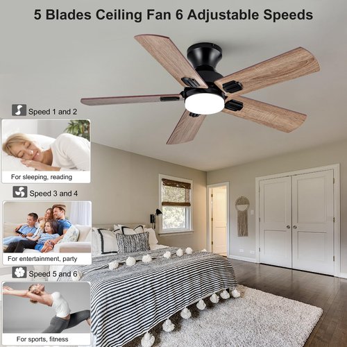 KENSID 42 Inch Black Ceiling fans with lights and Remote,Low Profile Flush Mount Modern Ceiling Fan with Light, 5 blades,Dimmable LED Light,Wall Switch,Indoor Outdoor Ceiling Fan for Bedroom