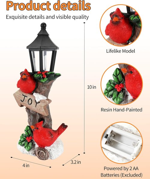 iStatue Lighted Cardinal Christmas Ornaments - 10” Resin Red Bird Figurine with Candle Lantern | Unique Indoor Xmas Decor Gift