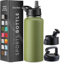 FineDine Stainless Steel Insulated Water Bottle - 32 Oz with Straw & Flip Lid - Army Green