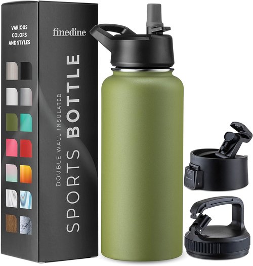 FineDine Stainless Steel Insulated Water Bottle - 32 Oz with Straw & Flip Lid - Army Green