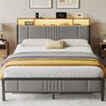 BedsPick Queen Bed Frame with Ergonomic Headboard, Upholstered Metal Platform Bed Queen Size with 2-Tier Storage, Charging Station, Smart LED Lights, Easy Assembly, No Box Spring Needed, Gray