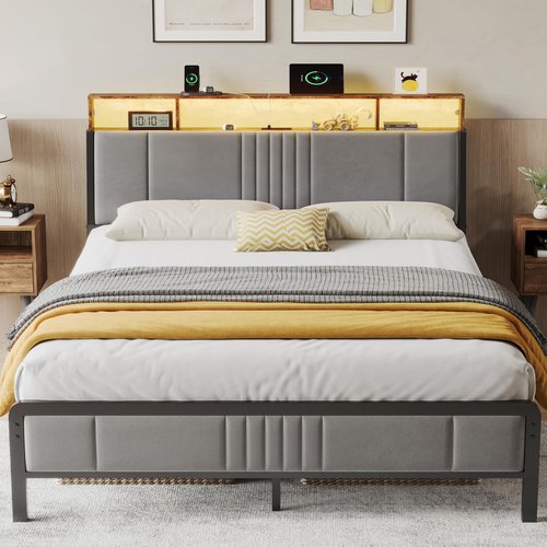 BedsPick Queen Bed Frame with Ergonomic Headboard, Upholstered Metal Platform Bed Queen Size with 2-Tier Storage, Charging Station, Smart LED Lights, Easy Assembly, No Box Spring Needed, Gray