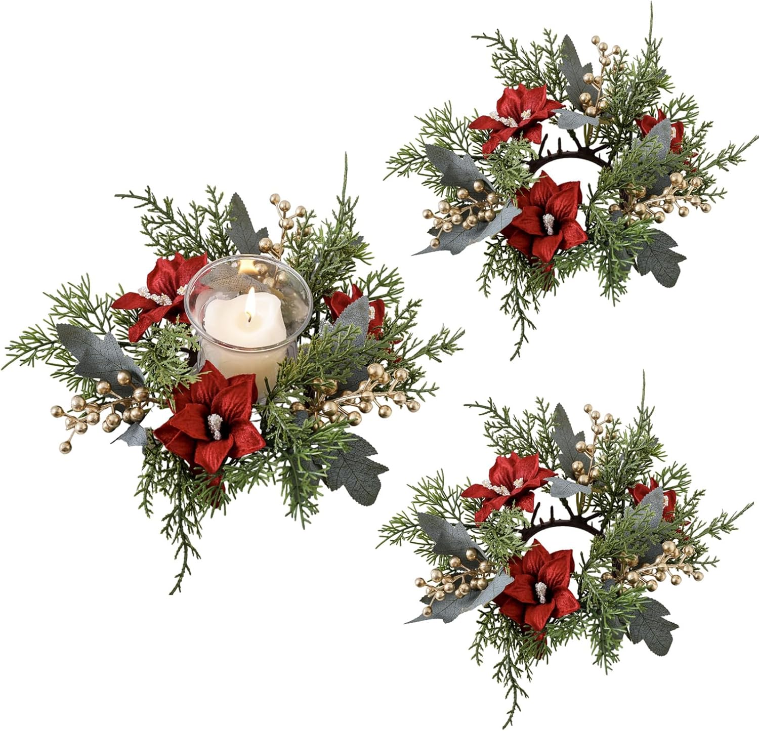 Regine Switzerland Christmas Candle Rings - Elegant Gold Berries & Pine Needles | 2-Piece Set for Holiday Decor