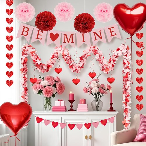 Valentines Day Decorations Set-Assembled Hanging Heart Swirls，BE Mine Banner，Heart Tinsel Garland，Love Heart balloon for Anniversary Wedding Romantic Valentine Party supplies