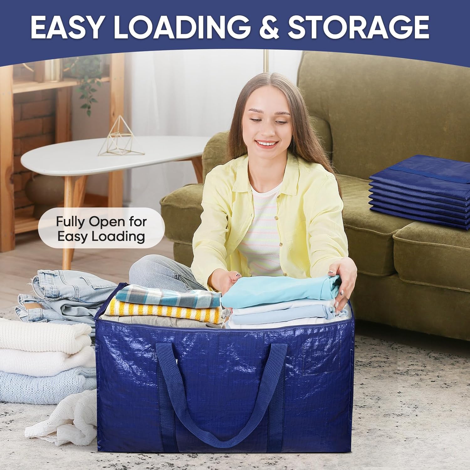 TICONN Extra Large Moving Bags - Heavy Duty Storage with Zippers & Handles | 6 Pack, Navy
