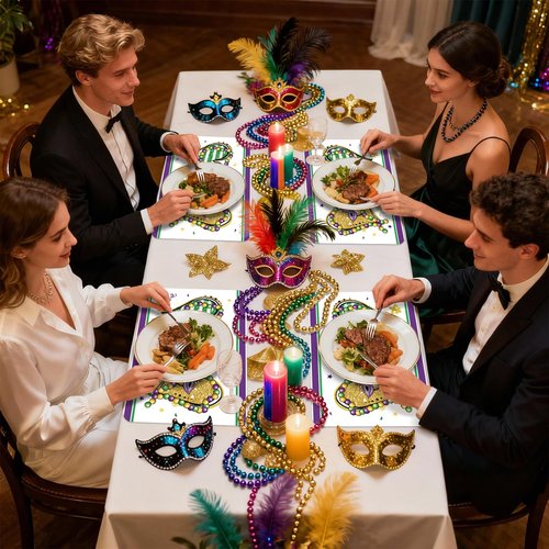 KOPOOEOE 6 Set Carnival Mardi Placemats, 11x16 Inch Fleur de Lis Heart Bead Plastic Placemats Spring Holiday New Orleans Cocktail Table Mats for Carnival Masquerade Party Festival Decor