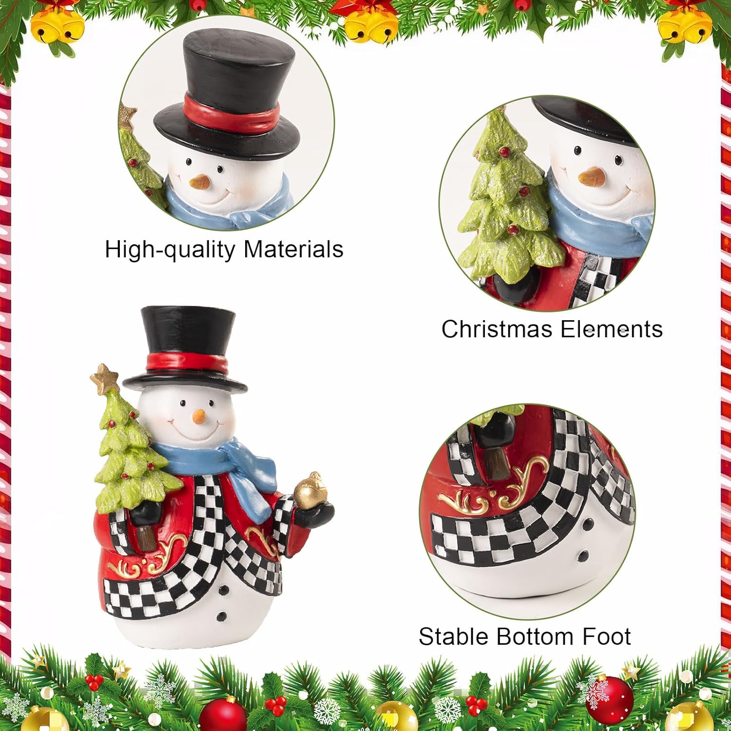 Snowman Figurines - 7.1x4.9 Inch Resin Christmas Decorations | Black and White Checkered Indoor Decor