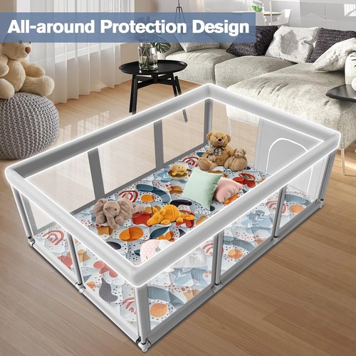 Large Baby Playpen - Sturdy Safety Play Yard with Soft Mesh & Anti-Slip Base | 74" x 50" Mat Included