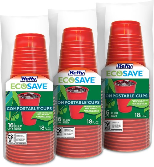 Hefty EcoSave Compostable Party Cups - Red 18 oz | 16 Count (Pack of 3) for Eco-Friendly Gatherings