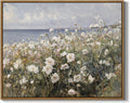 Framed Landscape Wall Art - Blue Ocean Theme with White Flowers | Abstract Floral Painting, 8x10 Inch