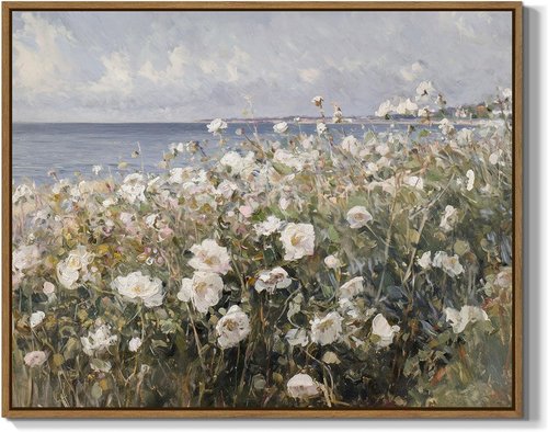 Framed Landscape Wall Art - Blue Ocean Theme with White Flowers | Abstract Floral Painting, 8x10 Inch