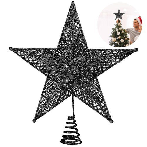 Fovths Christmas Tree Topper 8 Inches Metal Glittered Christmas Tree Topper Wire Star Treetop Sparkle Xmas Decoration for Christmas Tree Ornament Indoor New Year Holiday Party Supplies (Black)