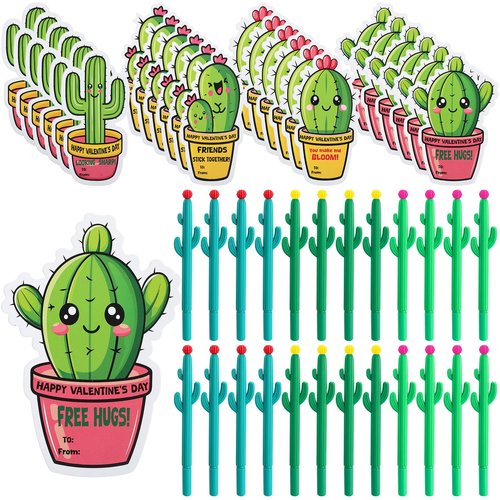 Sayglossy 24 Sets Funny Succulent Valentine's Day Card and Cactus Ballpoint Pen Set Valentine Exchanges Cards Succulent Gift Novelty Cactus Pens for Kids School Classroom Gift Exchanges