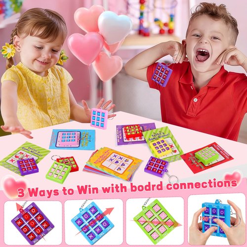 24 Pack Valentines Day Gifts for Kids Classroom Tic Tac Toe Game Keychains with Valentines Day Cards for Kids School, Valentines for Kids Class Exchange Cards Gifts Prizes Party Favors for Boys Girls