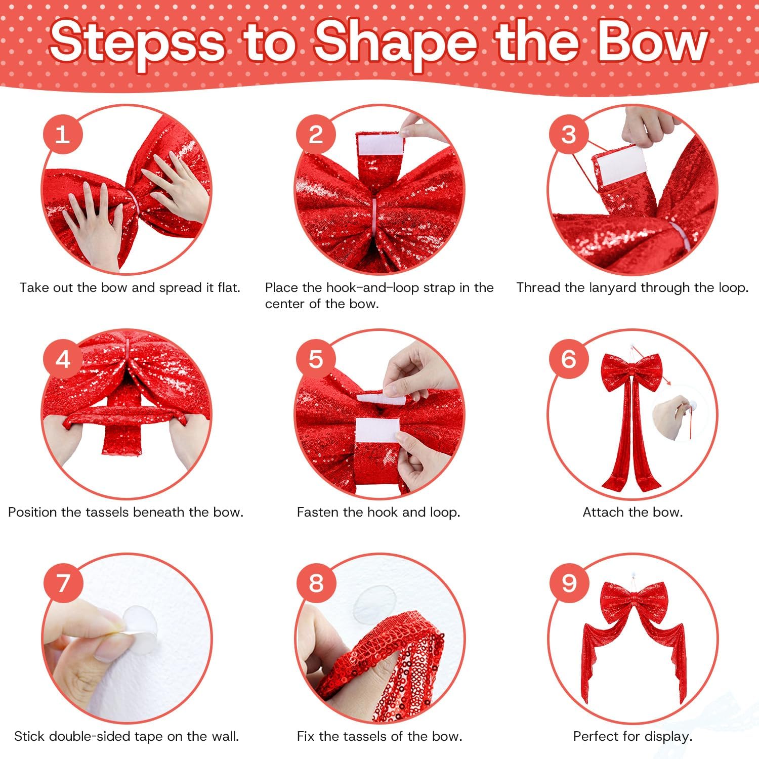 Sequin Giant Bow - Oversized Red Decoration with Long Ribbon | 75 x 23 Inch for Weddings & Parties