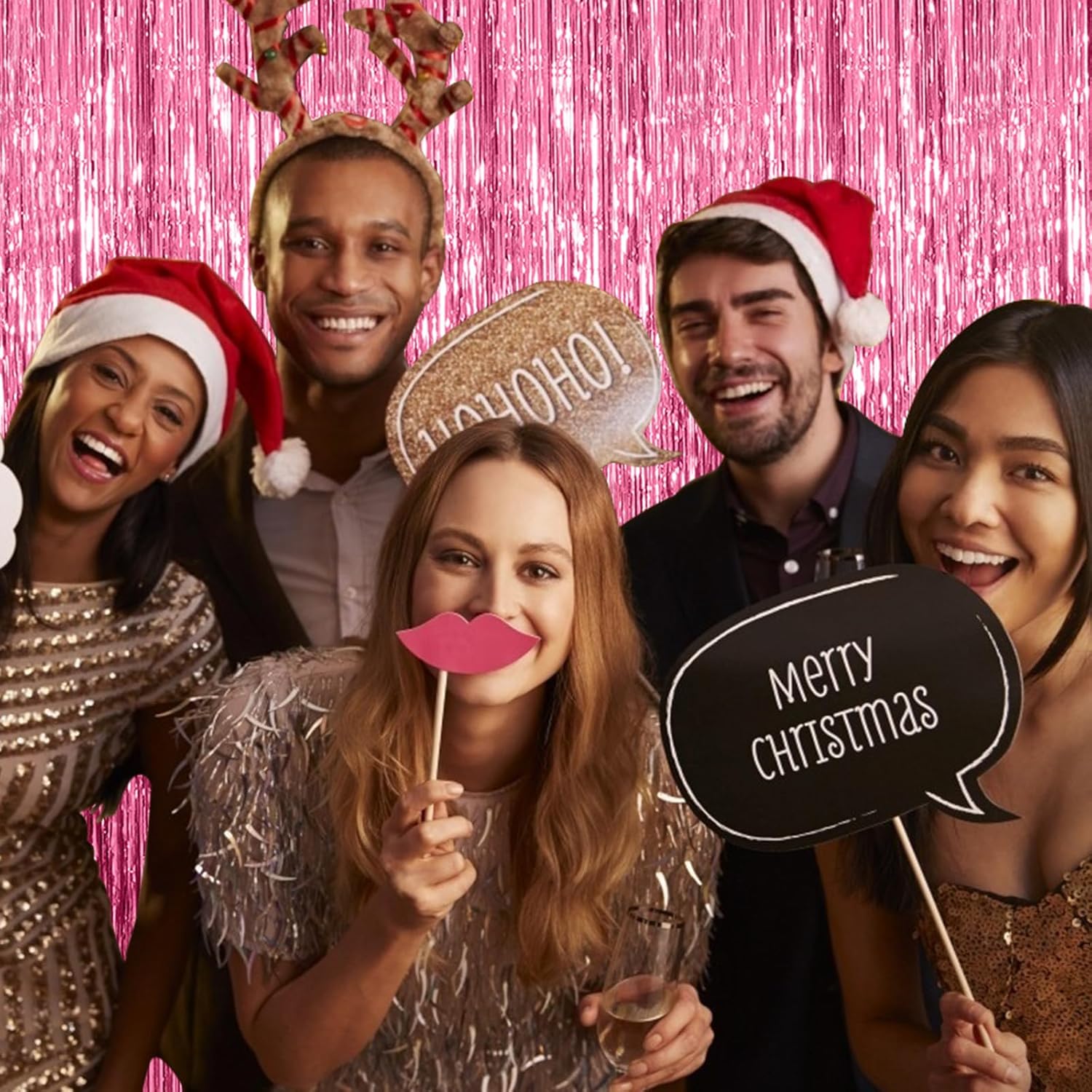 Skiennix Pink Metallic Foil Curtain Backdrop - 10 Pack Tinsel Fringe for Parties & Celebrations