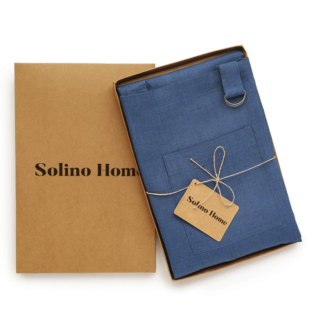 Solino Home Linen Bib Apron for Men & Women - 100% Pure Linen Blue Kitchen Apron with Front Pockets - Handcrafted from European Flax