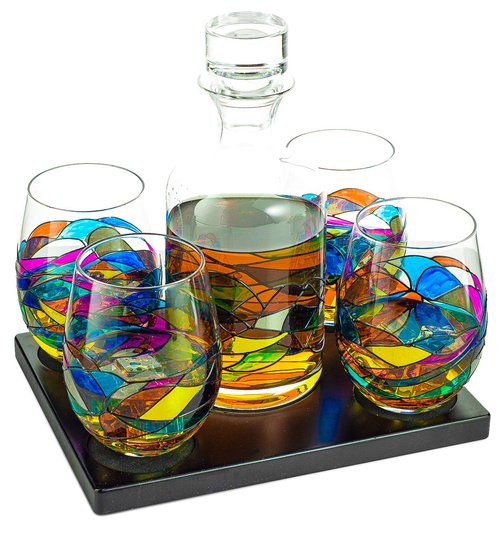 Artisanal Hand-Painted Whiskey & Wine Decanter Set – Barcelona Renaissance Stained Glass Design – Unique Mother's Day Gift for Her, Mom, Wife, or Friend – Multicolor Handcrafted Glassware