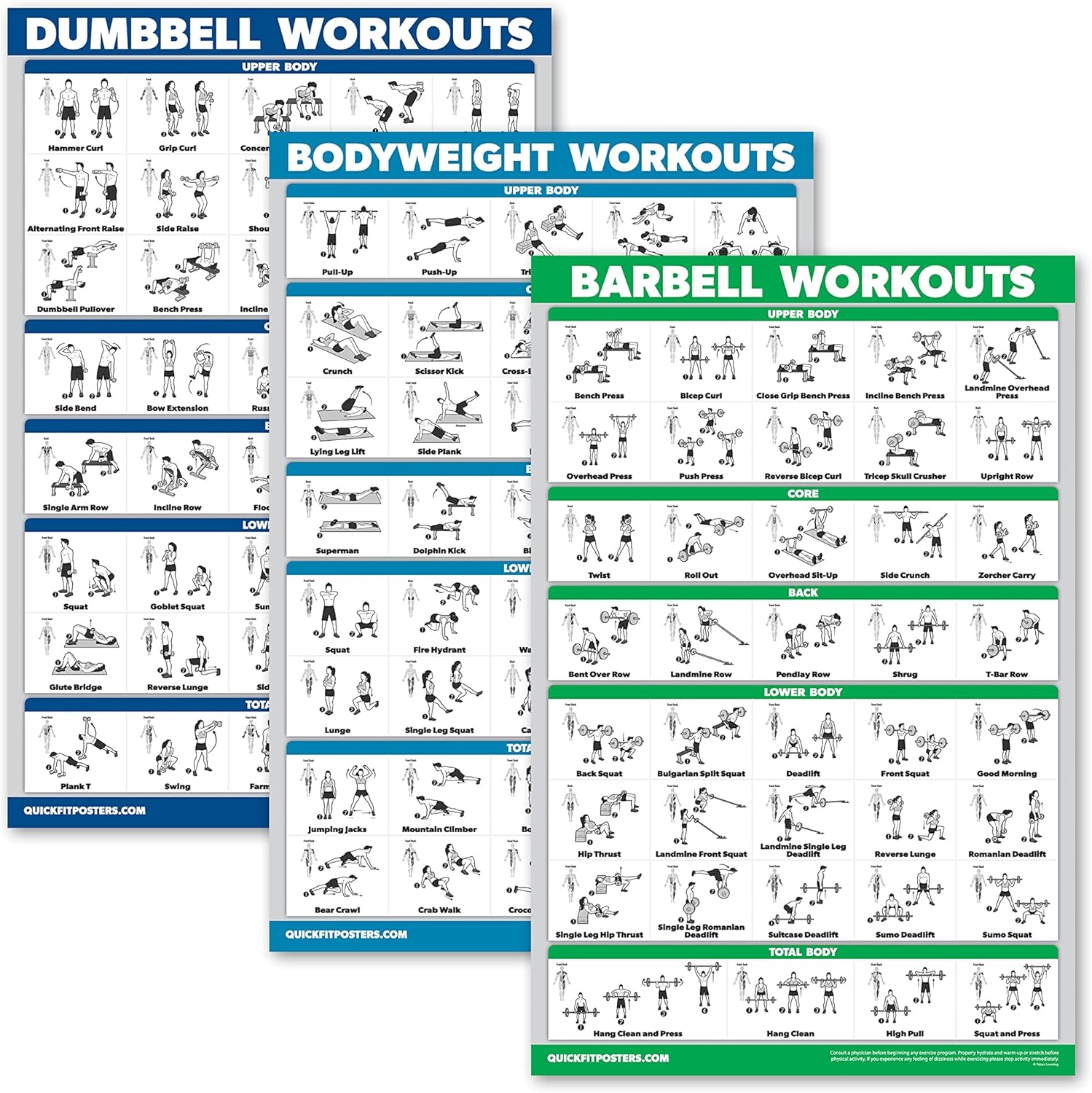 QuickFit Dumbbell Workout Posters - Laminated Exercise Charts Set of 3 (18" x 24") | Bodyweight & Barbell Routines