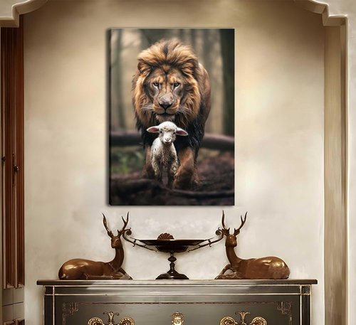 Framed Lion and Lamb Canvas Wall Art | Christian Jesus Lion King Poster for Living Room & Bedroom Decor