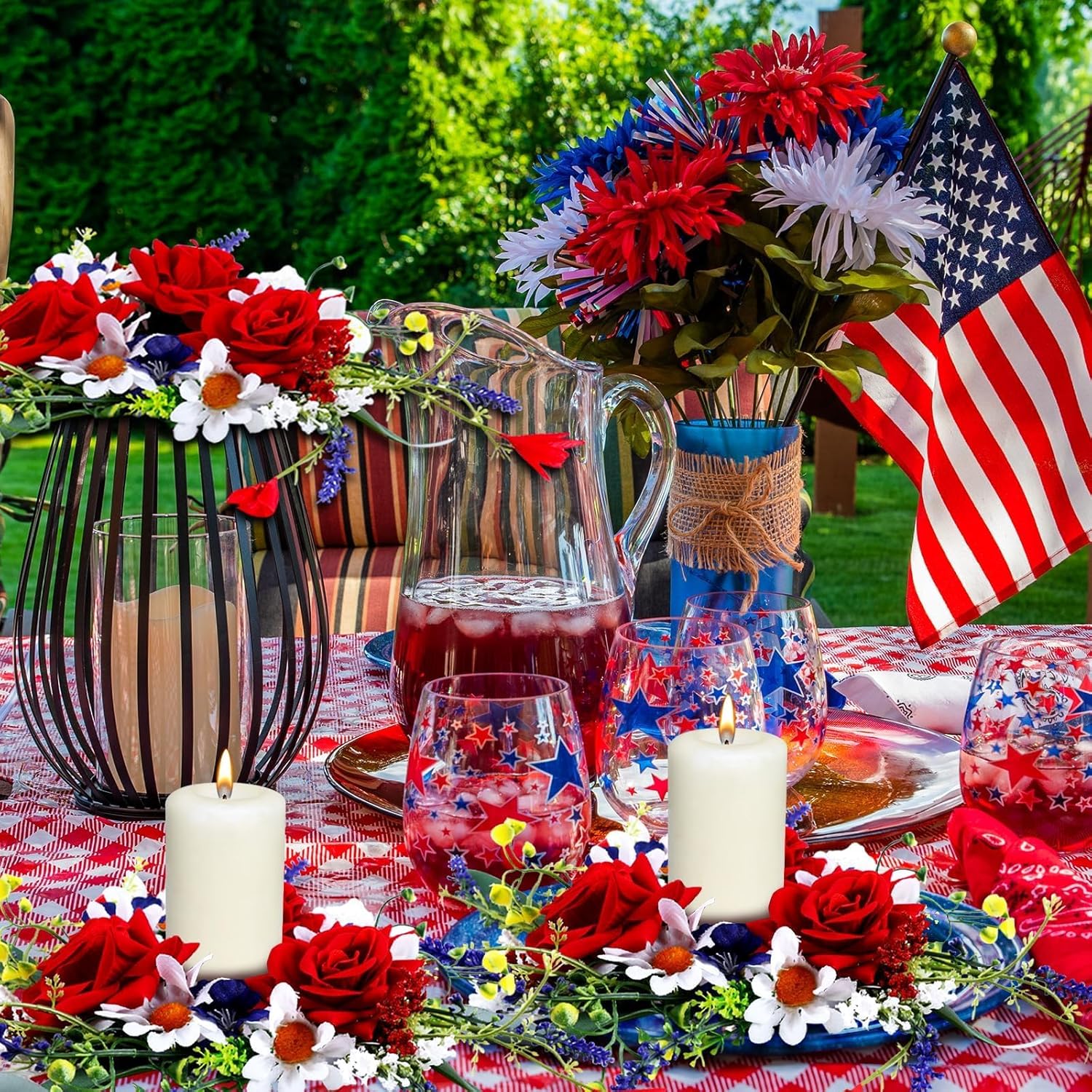 Veterans Day Candle Rings - 4 Pcs Red, White & Blue Mini Floral Wreaths for Patriotic Decor