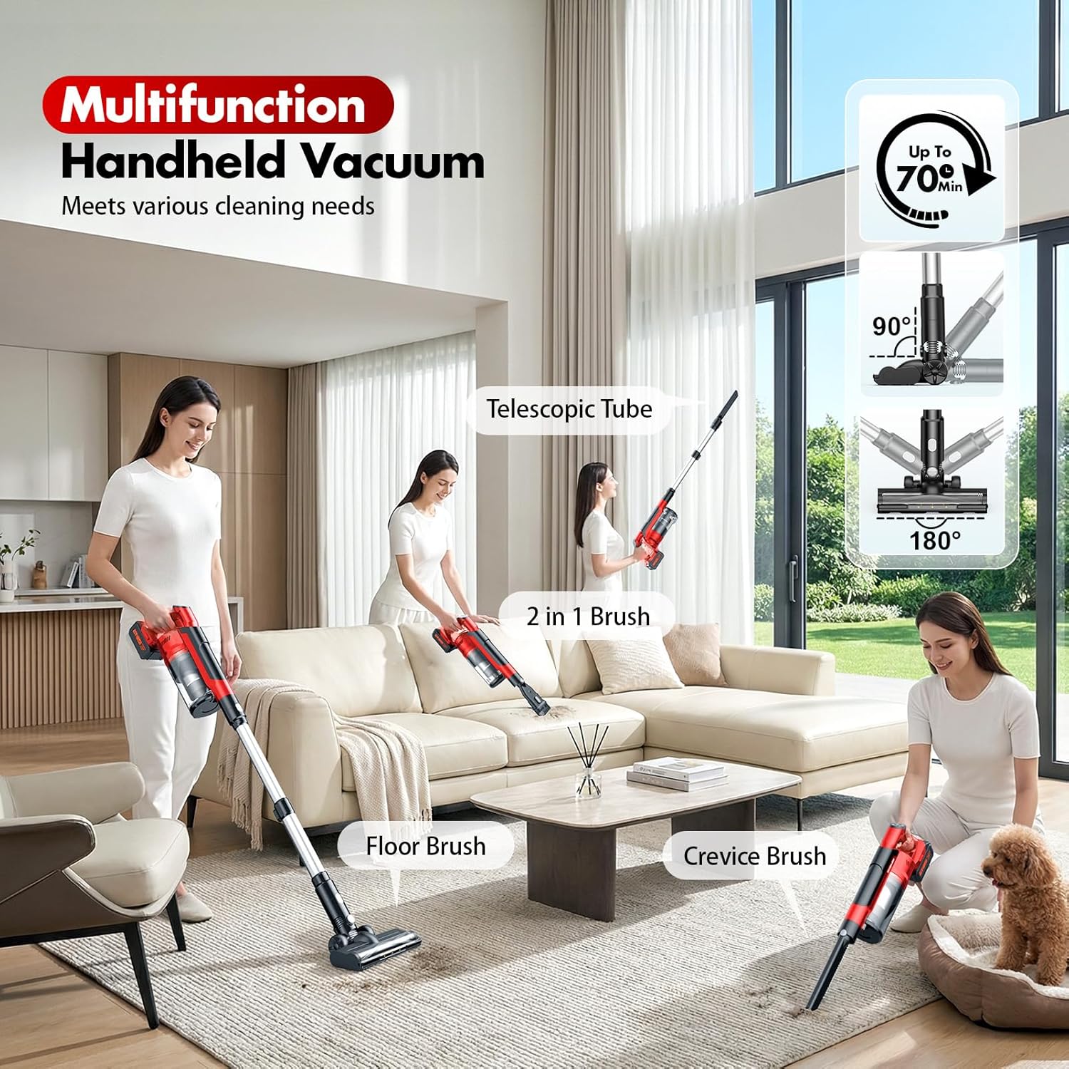 Skiennix Cordless Vacuum Cleaner - 8000mAh Battery, 3 Modes, 6-in-1 Handheld for Pet Hair & Hardwood (Red)