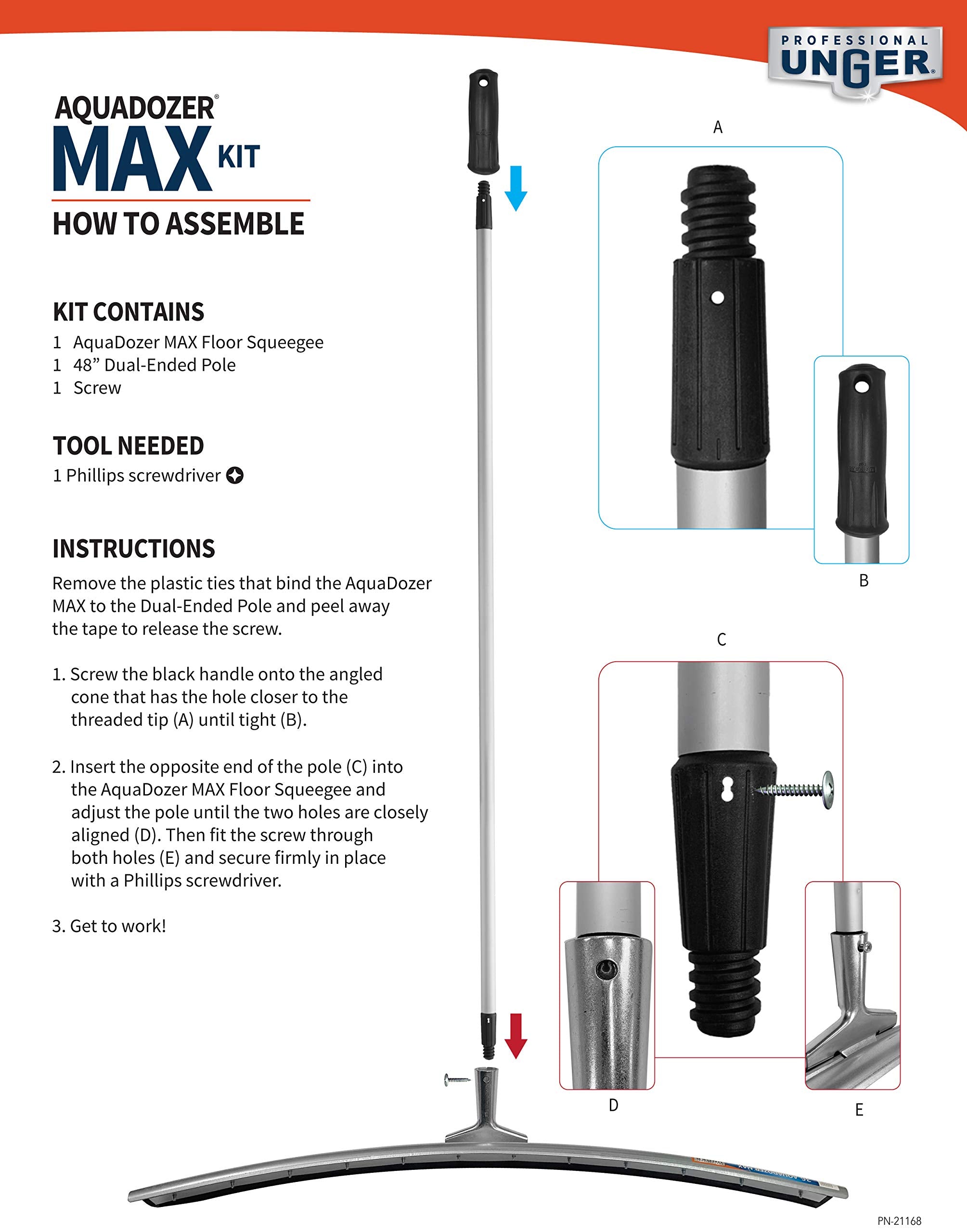 Unger Professional AquaDozer Max Kit, 36” Smooth Surface Curved Floor Squeegee and 48” Dual End Pole, Rubber Blade Scrubber and Broom for Concrete, Asphalt, and Tough Cleaning Jobs