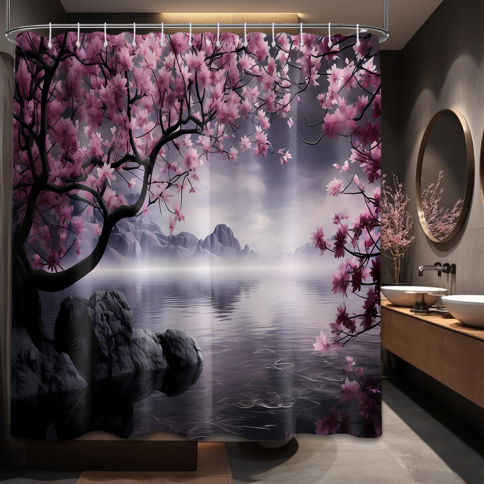 Yieldeer Japanese Shower Curtain Asian Cherry Blossom Bathroom Decor Mountain Bath Curtain, Waterproof Cloth Fabric with Hooks, 70x72 inch
