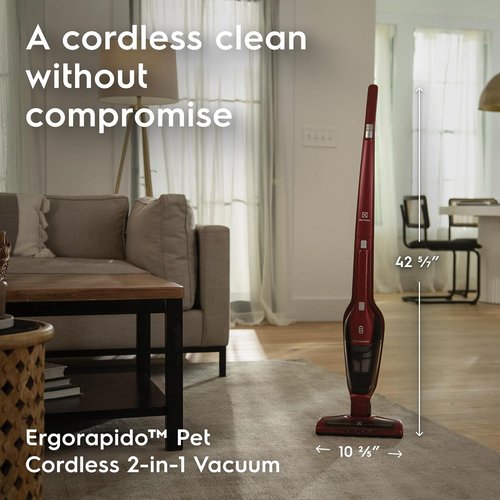 Electrolux Ergorapido Pet Cordless Vacuum Cleaner - 2-in-1 Design with Motorized Nozzle | 48-Minute Run Time, Chili Red