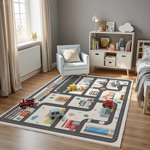 5x7ft Kids City Road Car Play Rug - Non-Slip Faux Wool Carpet with Interactive City Map Design, Educational Toy Vehicle Mat for Kids, Bedroom Playroom Nursery Gift.