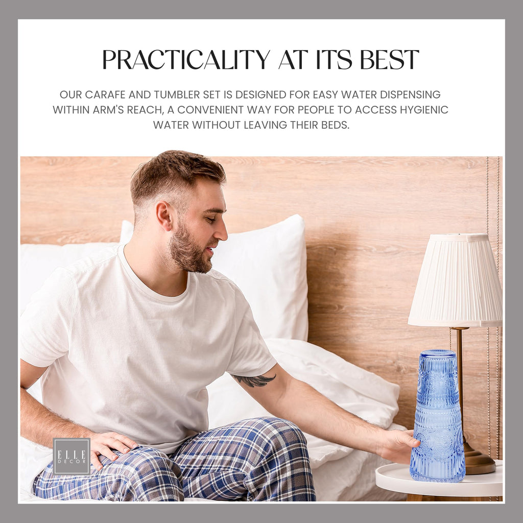 Elle Decor Bedside Water Carafe with Tumbler Set, 33 oz – Cobalt Blue Nightstand Pitcher with Matching Drinking Glass Lid for Guest Room, Office, Gifting Use – Elegant Glass Drinkware