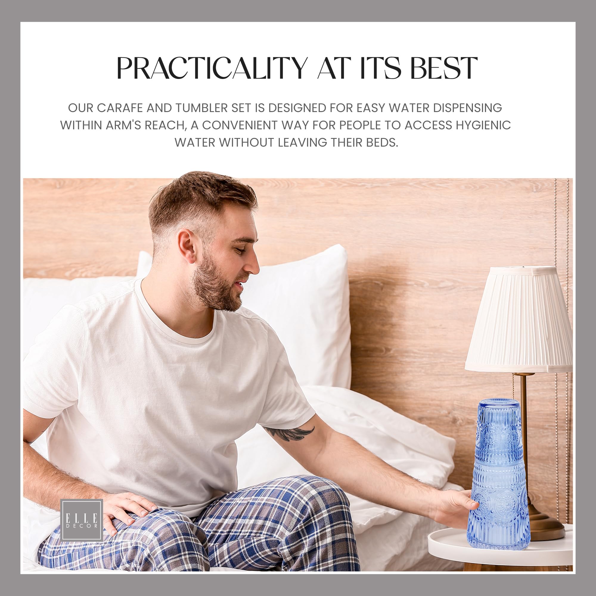Elle Decor Bedside Water Carafe with Tumbler Set, 33 oz – Cobalt Blue Nightstand Pitcher with Matching Drinking Glass Lid for Guest Room, Office, Gifting Use – Elegant Glass Drinkware