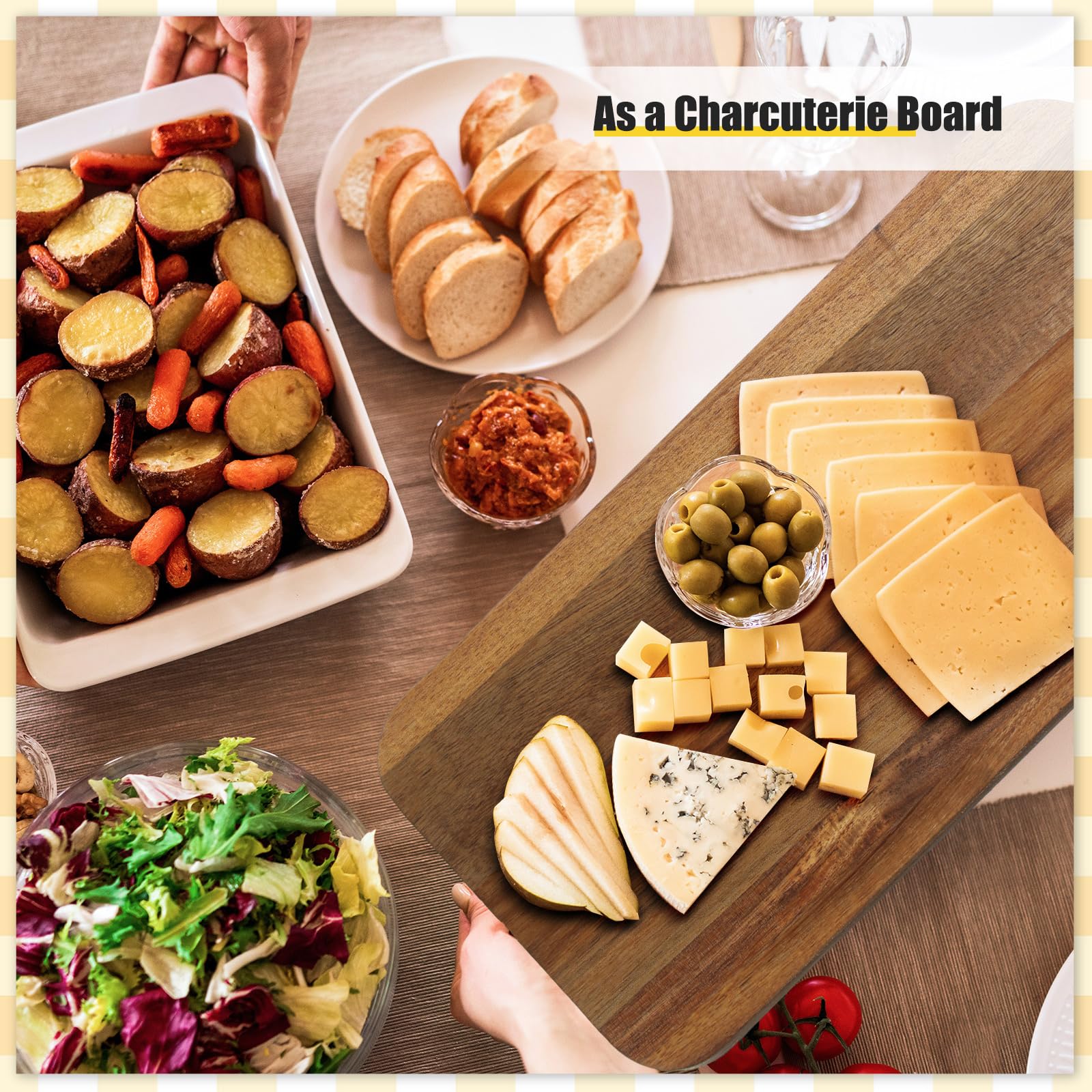 Rtteri 6 Pcs Acacia Wood Cutting Board with Handles Kitchen Thicken Chopping 17 x 6 Inch Wooden Charcuterie Serving Blank Boards Bulk for Engraving Wedding Housewarming Gift