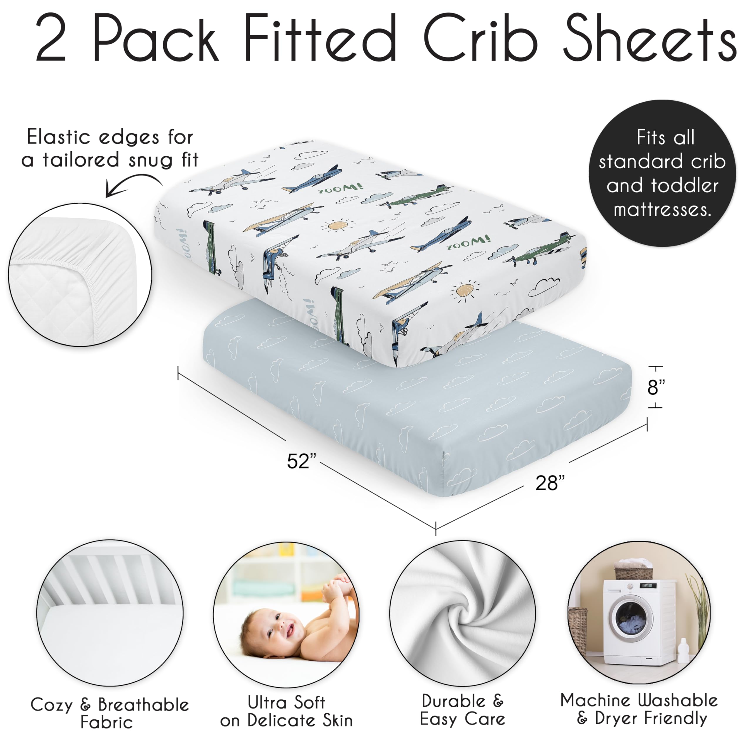 Sweet Jojo Designs 2-Piece Baby Crib Sheets Set (Vintage Airplane) for Boys, Infant Nursery, Toddler Room - Fitted, Standard Size (Airplanes, Plane, Transportation, Aviator, Clouds, Green, Slate Blue)