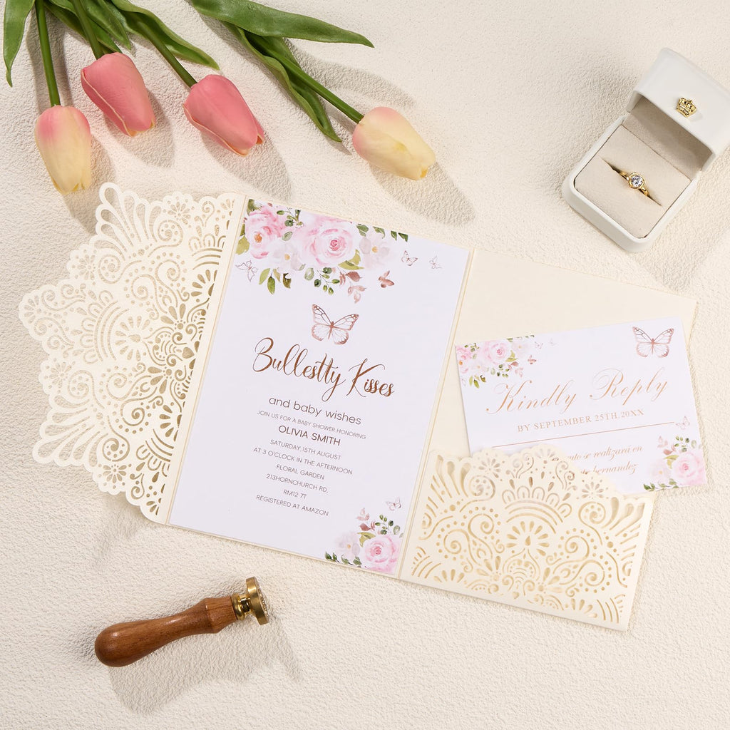 Mabbcoo 50PCS Custom Wedding Invitations with Envelopes and RSVP Cards, Blank Inner Sheets Party Invitation for Quinceanera Bridal Shower Birthday - Ivory