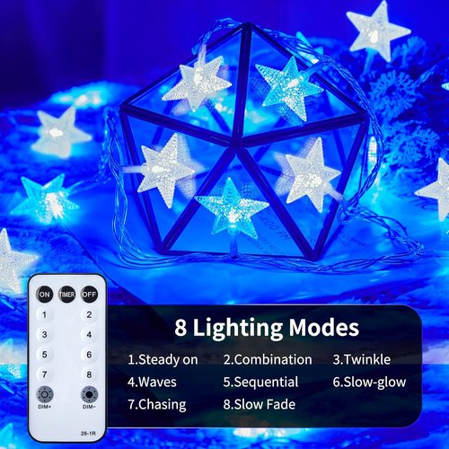 Minetom Star String Lights - 33 ft 100 LED Blue & White Fairy Lights with Remote & Timer | Waterproof for Indoor/Outdoor Use