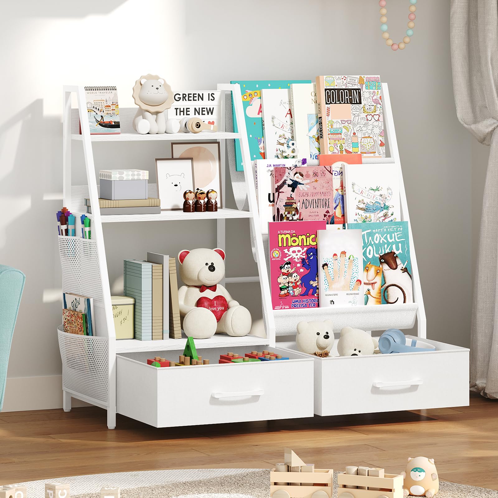 MAHANCRIS Kids Bookshelf and Toy Storage,3-Tier Sling Bookcase for Kids,Sturdy Toddler Bookshelf for Nursery,Playroom, Bedroom,White KBWT8401