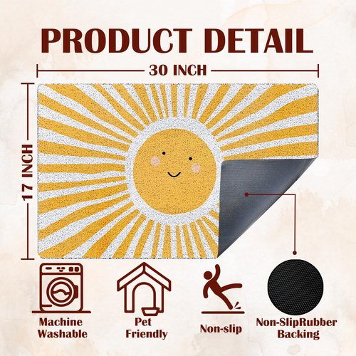 FWSFD Smiling Sun Boho Door Mat, Retro Yellow Sunshine Doormat Non-Slip for Porch Indoor Outside Entrance Entryway, Boho Welcome Mat Front Door, 17x30 Inch