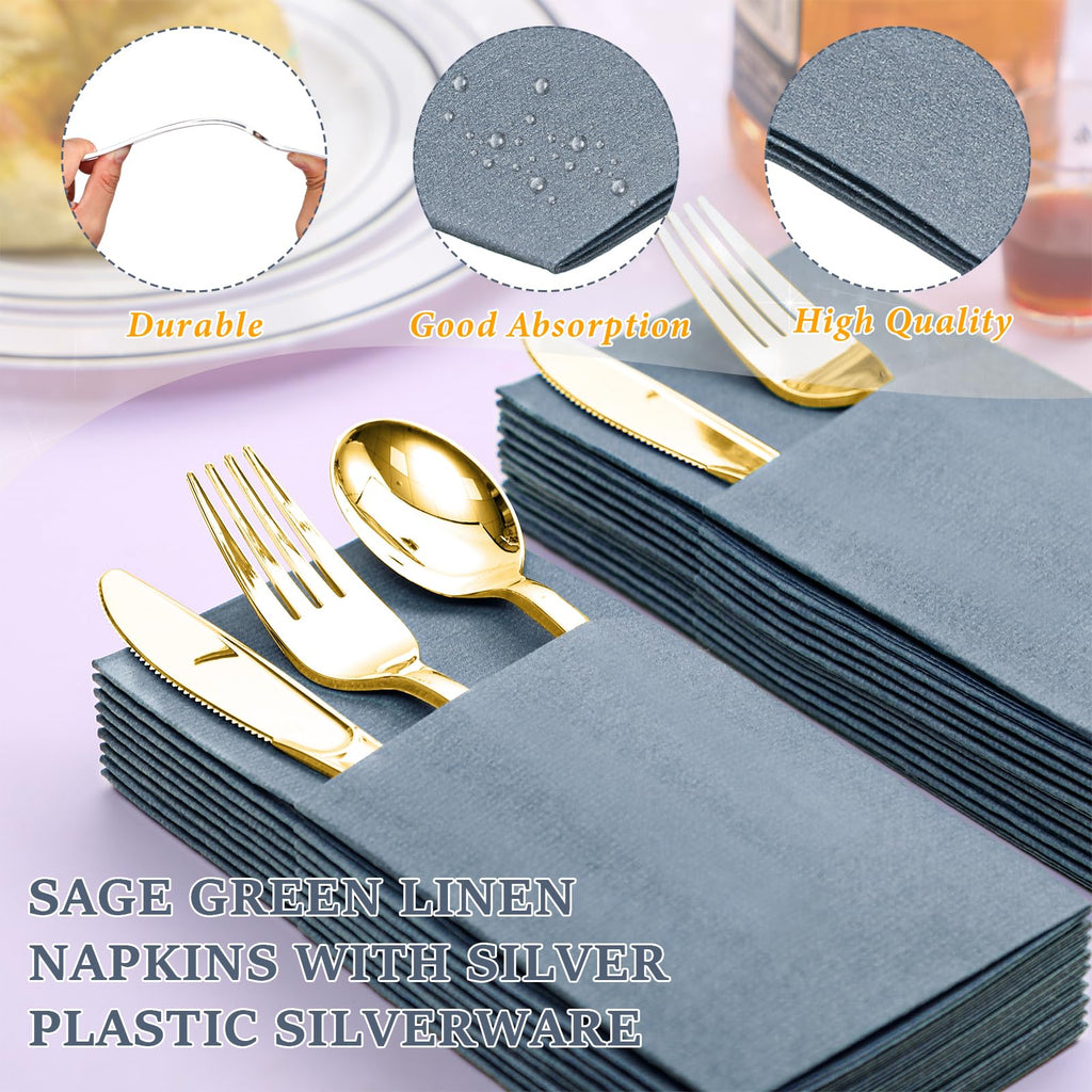 Tioncy 25 Pack Gold Plastic Silverware Set with Napkins, Linen Touch Napkins and Plastic Cutlery Set Gold Disposable Dinnerware with Forks Spoons Knives(Champagne)