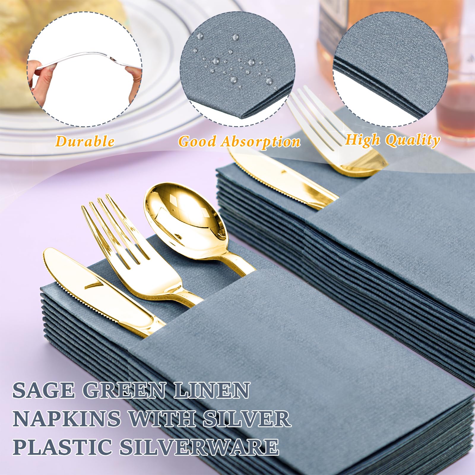 Tioncy 25 Pack Gold Plastic Silverware Set with Napkins, Linen Touch Napkins and Plastic Cutlery Set Gold Disposable Dinnerware with Forks Spoons Knives(Champagne)
