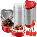 Blushtier 120 Set 3.4 oz Heart Shaped Cake Pans with Lids Spoons for Baking Aluminum Foil Cupcake Cups Disposable Mini Plastic Spoons Heart Containers for Valentine's Day Wedding Birthday Party (Red)