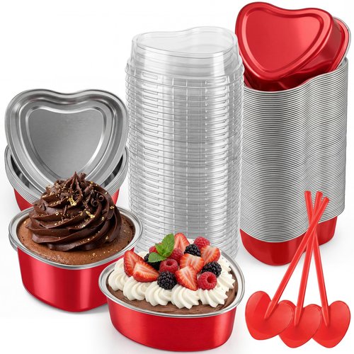 Blushtier 120 Set 3.4 oz Heart Shaped Cake Pans with Lids Spoons for Baking Aluminum Foil Cupcake Cups Disposable Mini Plastic Spoons Heart Containers for Valentine's Day Wedding Birthday Party (Red)