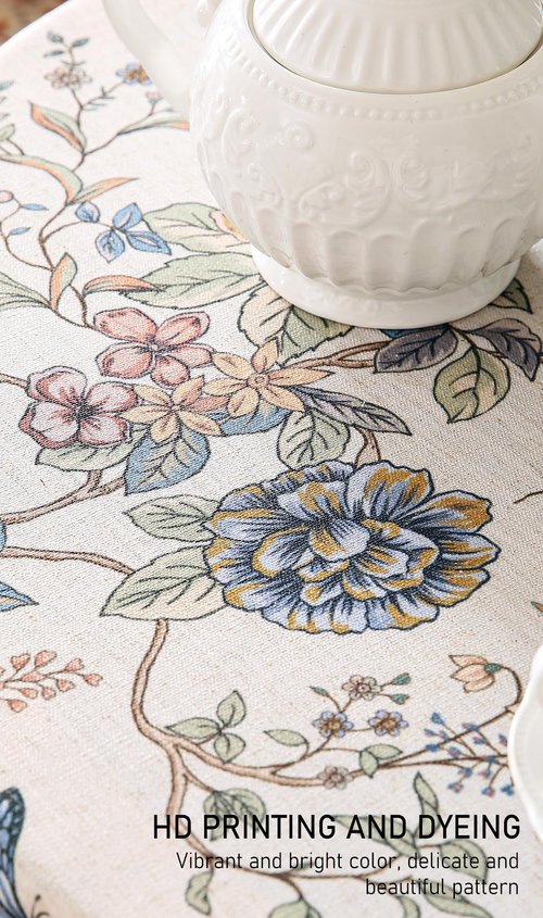 ISAENNE Designer French Light Beige Round Tablecloth,Linen Florals and Birds Pattern Table Cloth,Anti-Wrinkle Decorative Tablecloths for Dining Thanksgiving Kitchen,Diameter 67"-Cornucopia