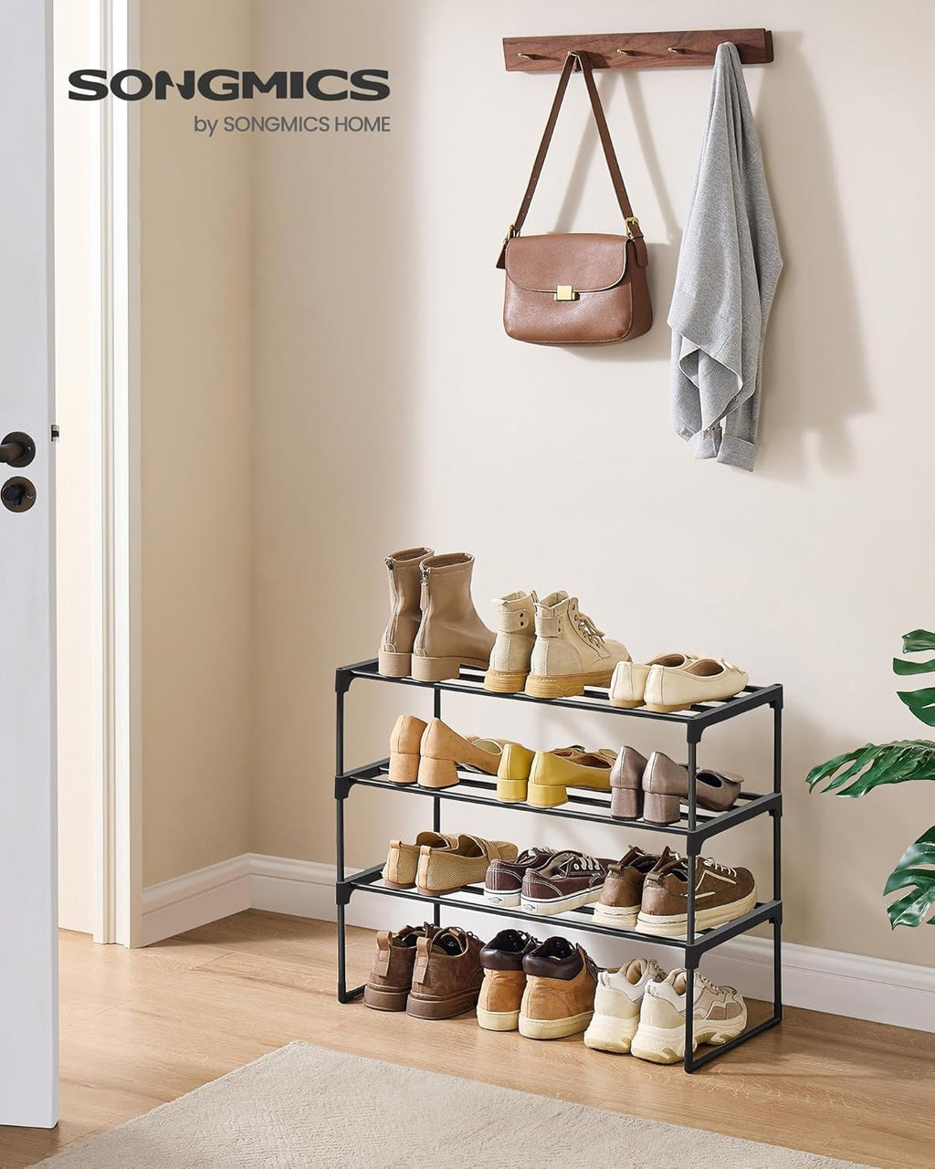 SONGMICS 3-Tier Shoe Rack - Stackable Metal Organizer for 8-12 Pairs | Black, 11.8 x 26.8 x 21.7 Inches